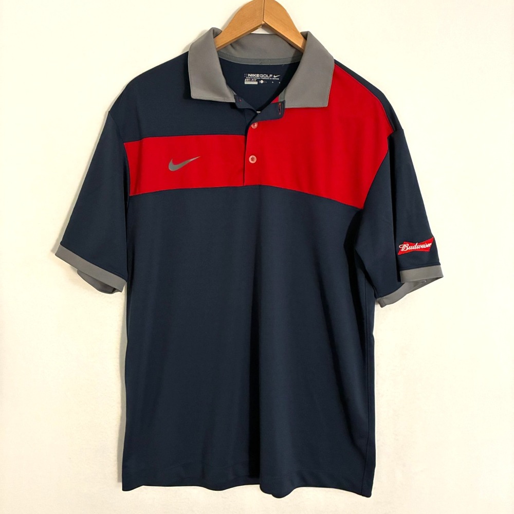 Nike Golf Polo Shirt Mens Large Performance Dri-FIT Budweiser Logo Preppy Sporty